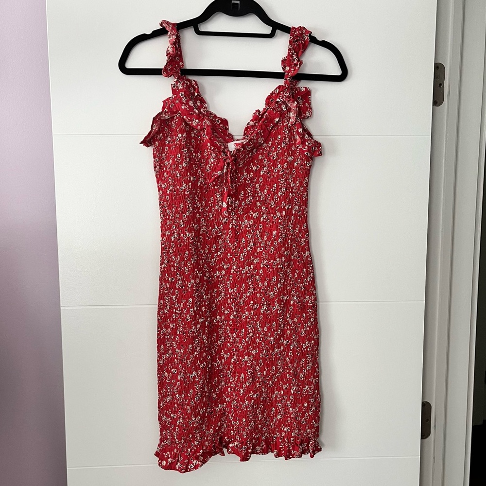 Cute Red tank dress with elastic texture and ruffle detail